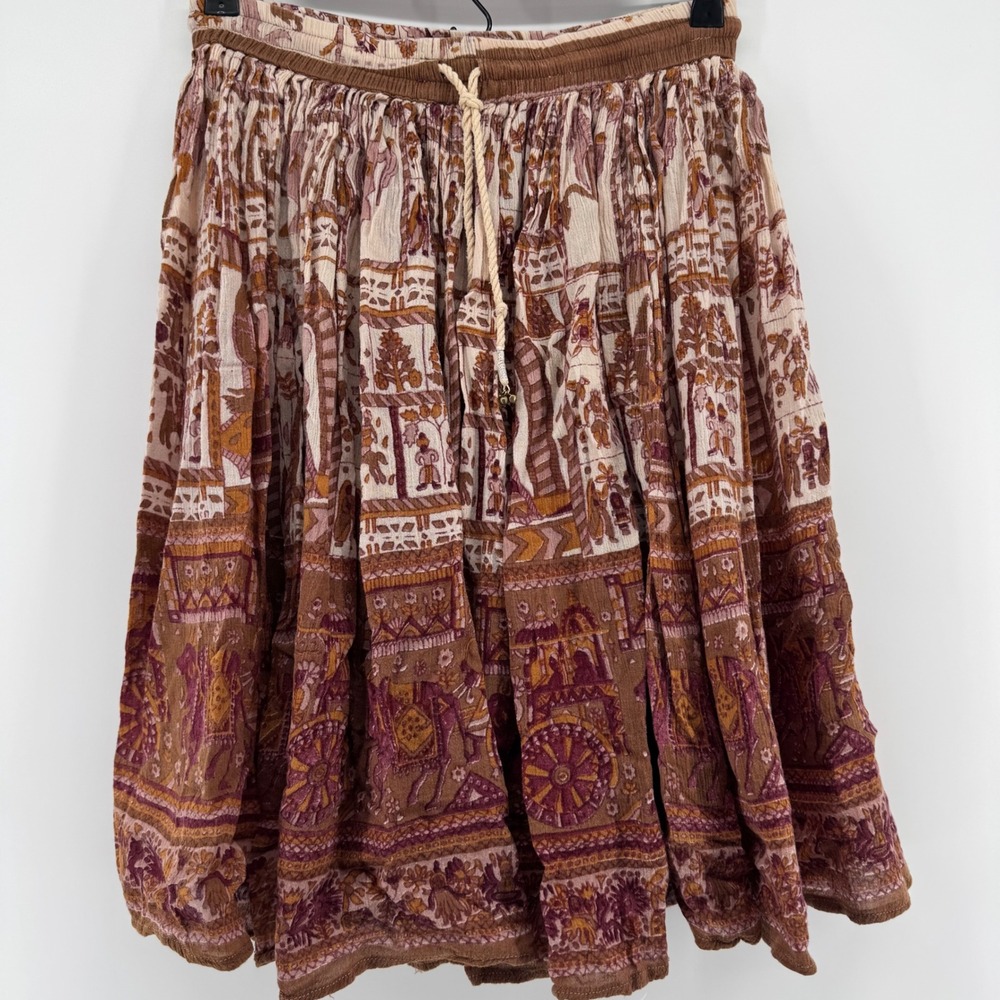 DIIK by KVM Midi Skirt Womens‎ Large Brown Indian Block Print Elephant Boho Bell